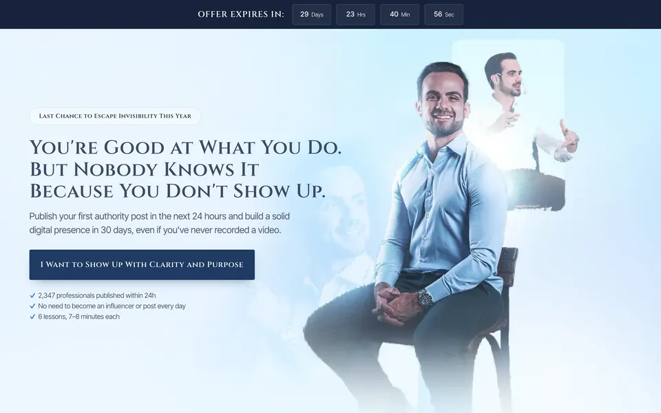 From Invisible to Authority sales page: Victor Guelman seated in a light blue scene, the headline "You're good at what you do. But nobody knows it because you don't show up", and a countdown bar across the top