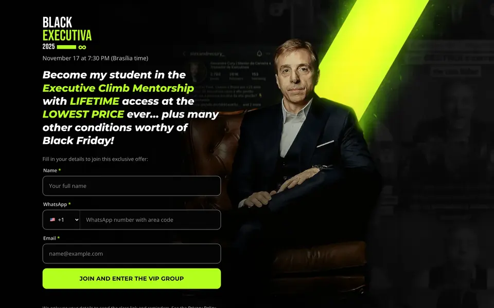 Black Executiva 2025 capture page: Alexandre Cury in a leather armchair under a lime neon stripe, the date "November 17 at 7:30 PM" and a sign-up form