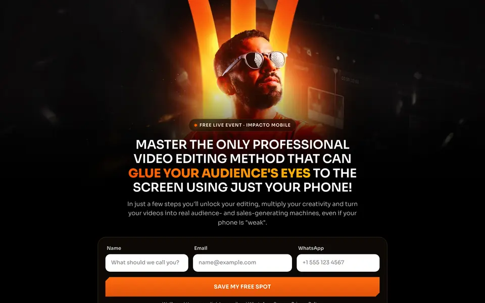 Impacto Mobile capture page: Wansley Santana lit in orange under the "free live event" badge, with a name, email and WhatsApp form below the headline