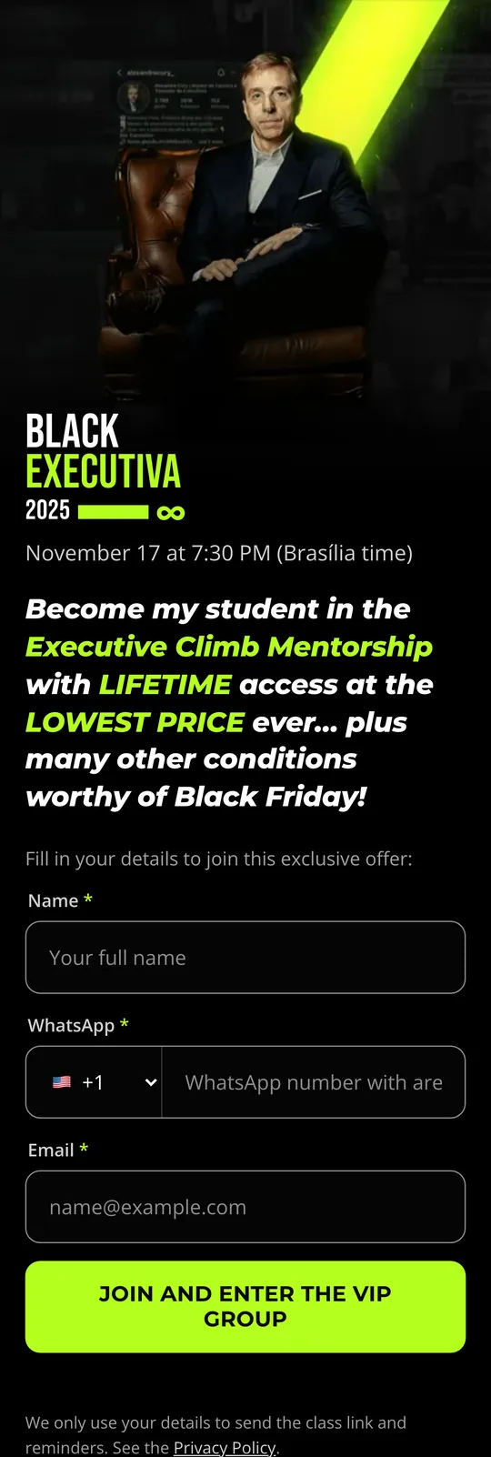 Black Executiva 2025, Alexandre Cury's Black Friday page on a phone: the date of the live under the logo, then the form.