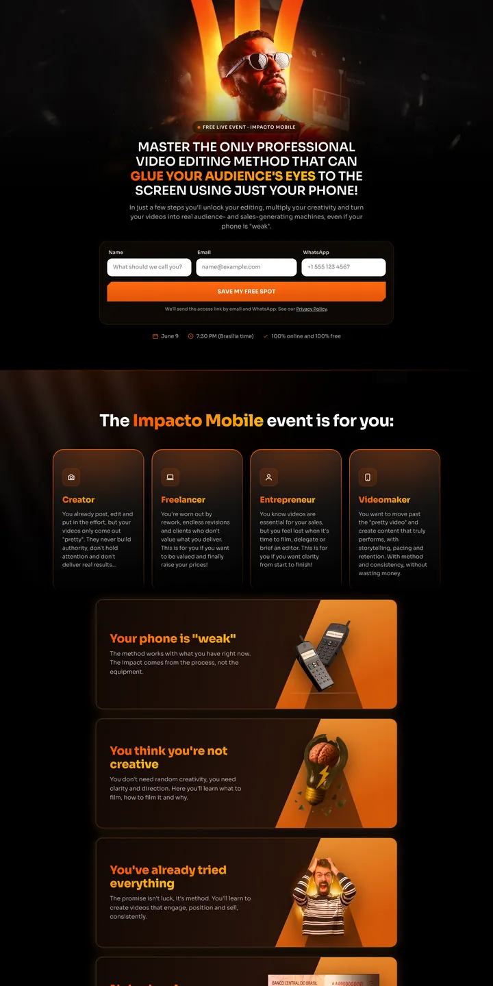 Impacto Mobile, Wansley Santana's page for a free live event: three fields next to the promise, nothing else to click.