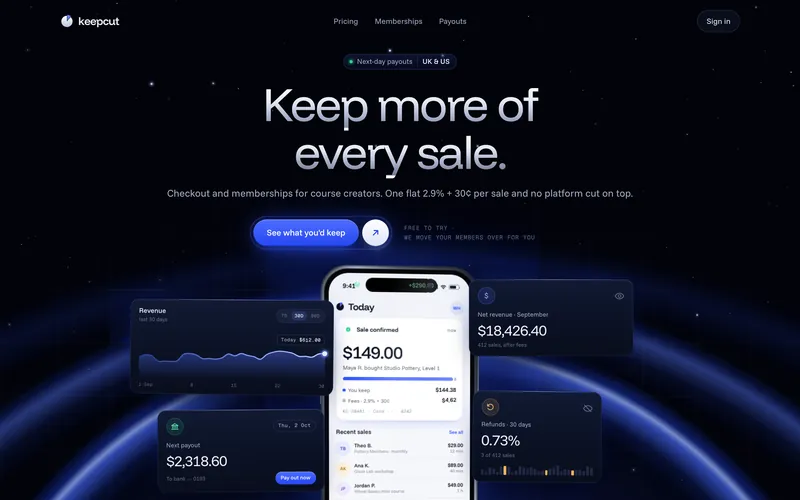 Keepcut, a concept checkout hero for course creators: the headline Keep more of every sale above a phone where a sale lands and shows what is kept after fees
