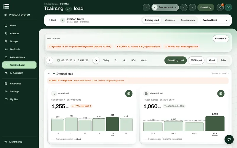 Training load for one demo athlete: risk alerts, acute and chronic load charts