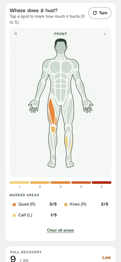 Athlete app: the pain map, with the quad, knee and calf marked